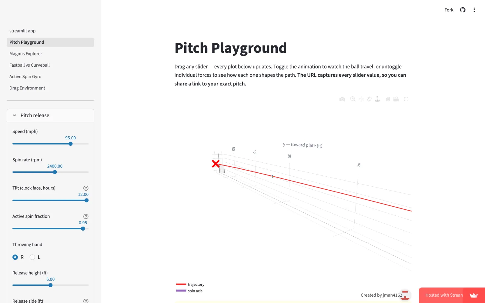 pitchphys Pitch Playground page: release-condition sliders on the left for speed, spin rate, tilt, active-spin fraction, and release point, with a 3D trajectory plot and break metrics on the right.